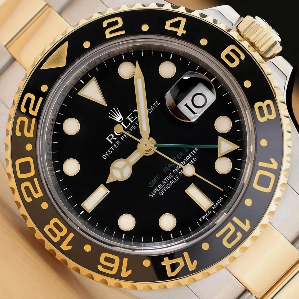 MENS ROLEX GMT MASTER II 40MM 18K YELLOW GOLD STEEL WATCH